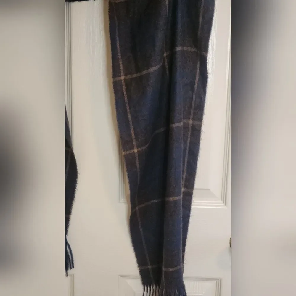 Geoffrey Beene Cashme Brown Navy Plaid Fringe Acrylic Scarf Shawl Italy 66x12.5”
